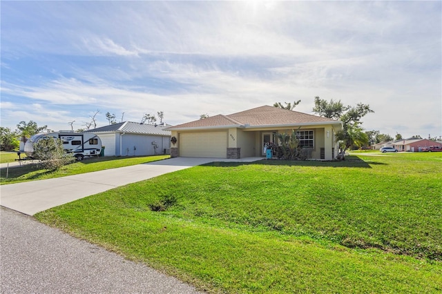 ranch-style home featuring a garage and a front yard