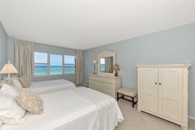 bedroom featuring a water view and light colored carpet