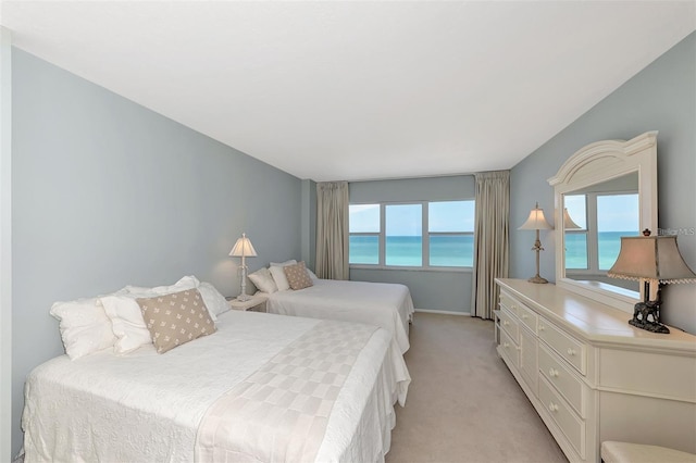 carpeted bedroom featuring a water view