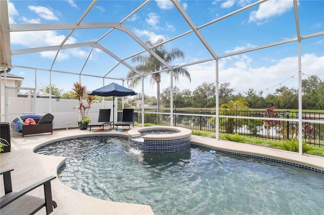 view of swimming pool with a lanai, a patio area, an in ground hot tub, and a water view