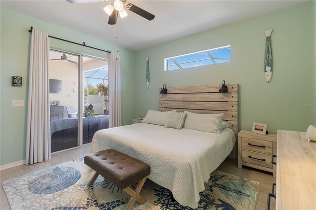 bedroom with ceiling fan, light wood-type flooring, and access to outside