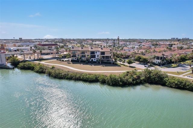 aerial view featuring a water view and a residential view