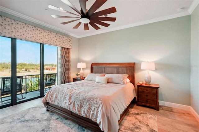 bedroom featuring ceiling fan, access to outside, crown molding, and light hardwood / wood-style floors