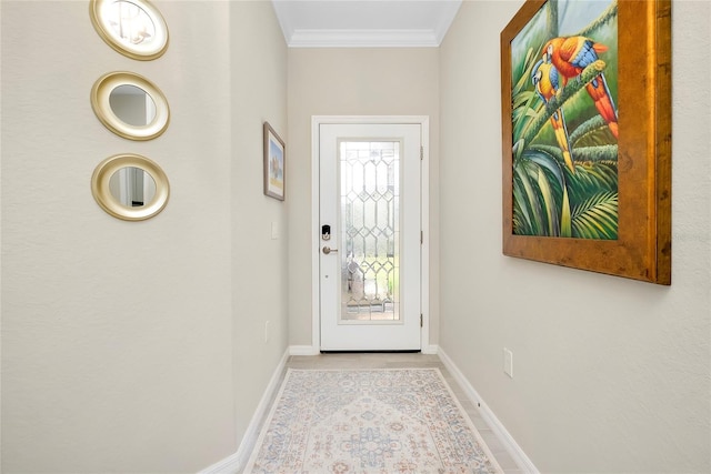 doorway to outside featuring light tile patterned flooring and crown molding