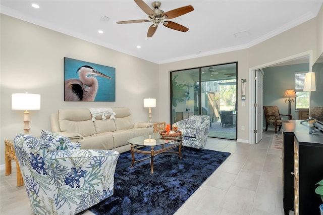 living room featuring ceiling fan, crown molding, and light tile patterned flooring