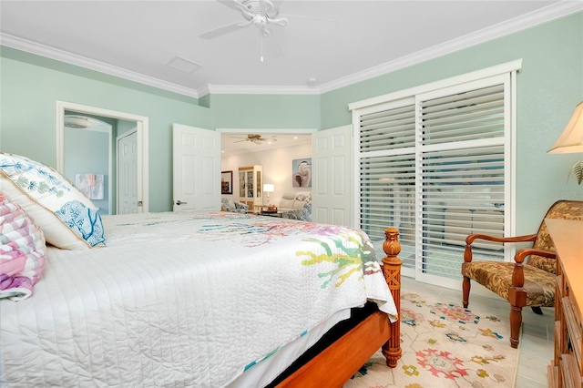 tiled bedroom featuring ceiling fan and crown molding