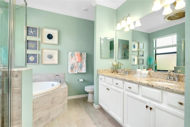 full bathroom featuring tile patterned floors, plus walk in shower, vanity, and toilet