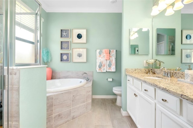 full bathroom with vanity, tile patterned flooring, toilet, ornamental molding, and independent shower and bath