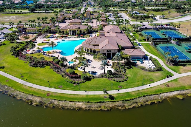 bird's eye view with a water view