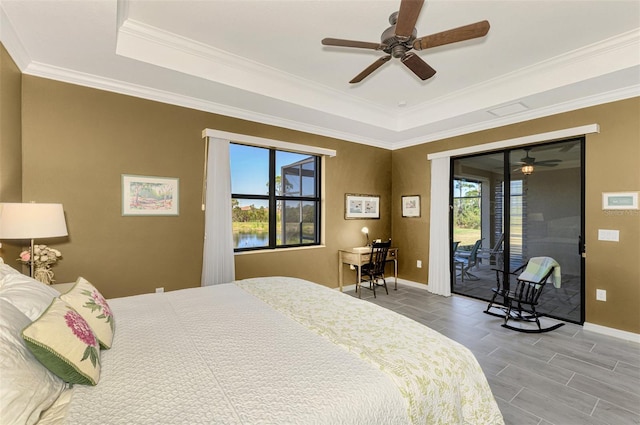 bedroom featuring access to exterior, multiple windows, and a tray ceiling