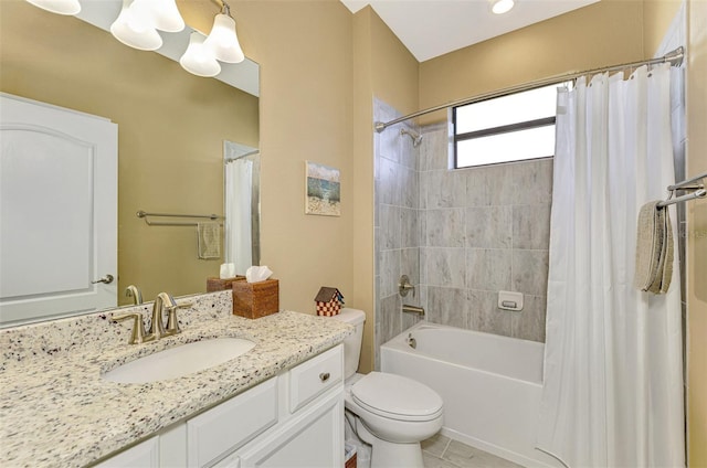 full bathroom with tile patterned flooring, vanity, toilet, and shower / tub combo with curtain