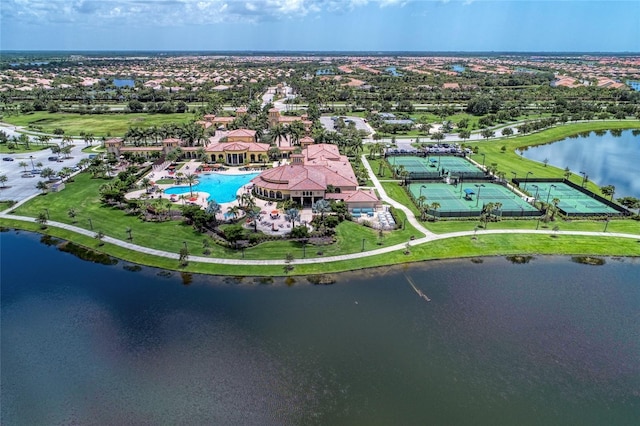 bird's eye view with a water view