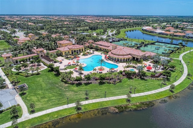 bird's eye view with a water view