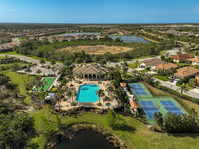 bird's eye view with a water view