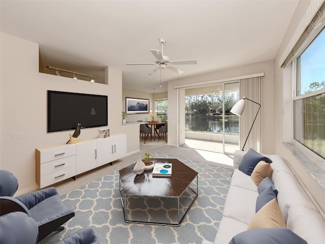 living room with rail lighting and ceiling fan