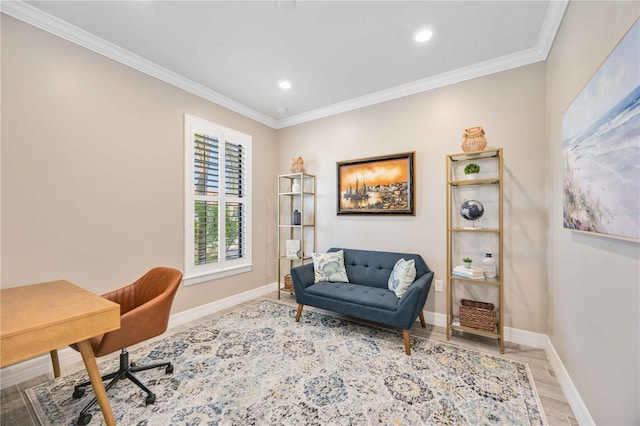 home office featuring light hardwood / wood-style floors and ornamental molding