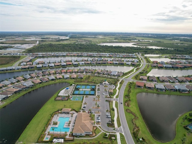 drone / aerial view with a water view