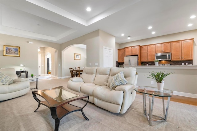 living room with a raised ceiling