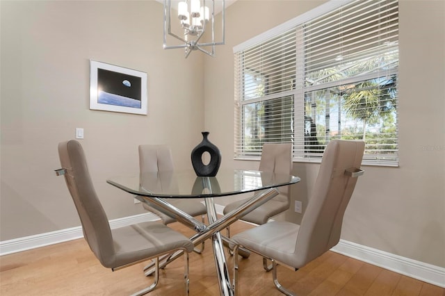 dining area featuring hardwood / wood-style floors and a chandelier