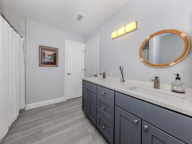 bathroom with vanity, wood-type flooring, and a textured ceiling