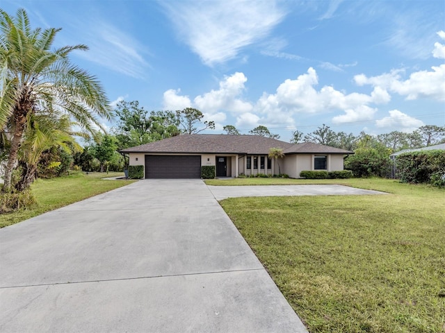 ranch-style home with a front lawn and a garage