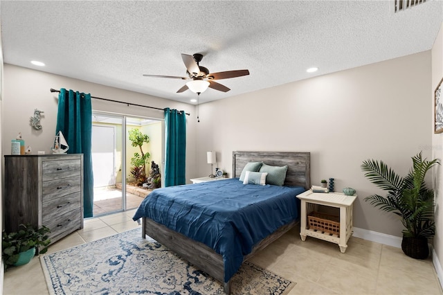 tiled bedroom featuring a textured ceiling, access to outside, and ceiling fan