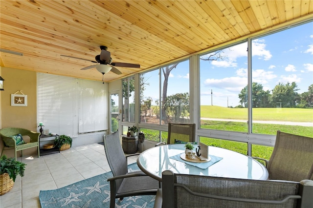 sunroom with ceiling fan, plenty of natural light, and wood ceiling