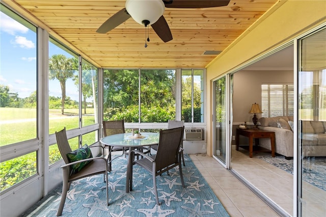 sunroom / solarium featuring a healthy amount of sunlight, wooden ceiling, and cooling unit