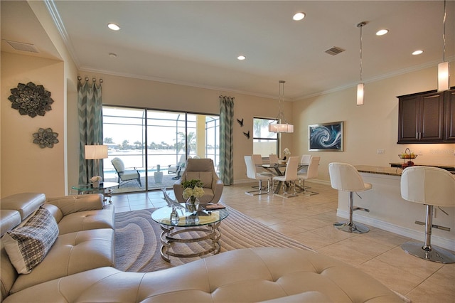 living room featuring crown molding and light tile patterned floors