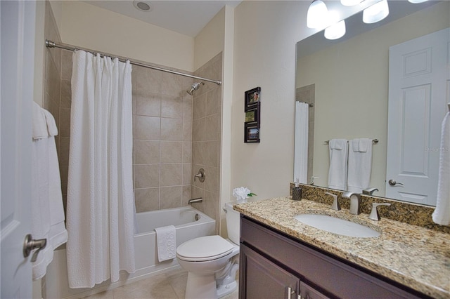 full bathroom with tile patterned flooring, vanity, toilet, and shower / tub combo with curtain