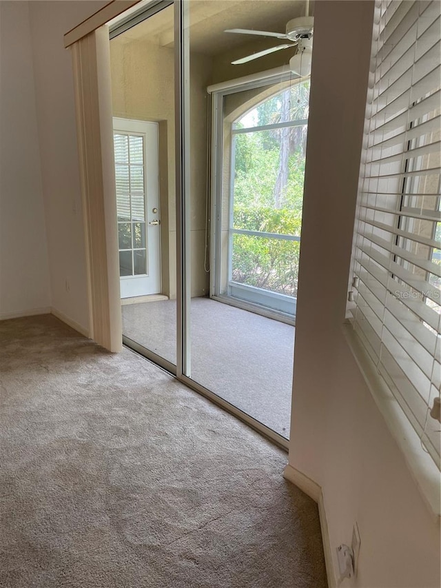 interior space with ceiling fan and carpet