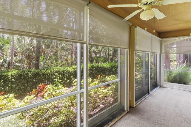 unfurnished sunroom with ceiling fan