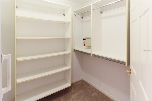 spacious closet featuring dark carpet