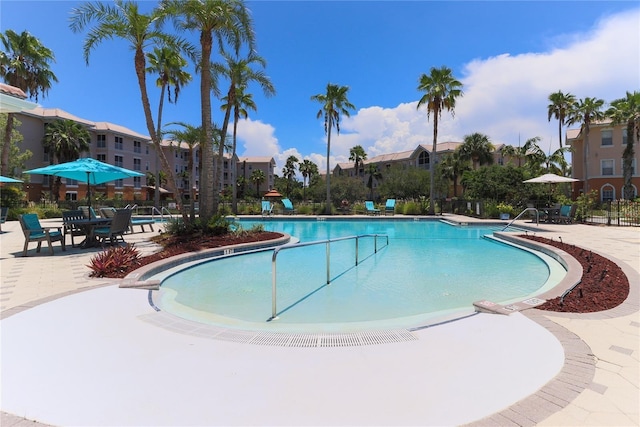 view of swimming pool featuring a patio area