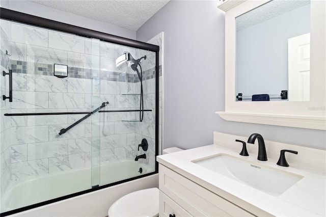 full bathroom featuring vanity, toilet, enclosed tub / shower combo, and a textured ceiling