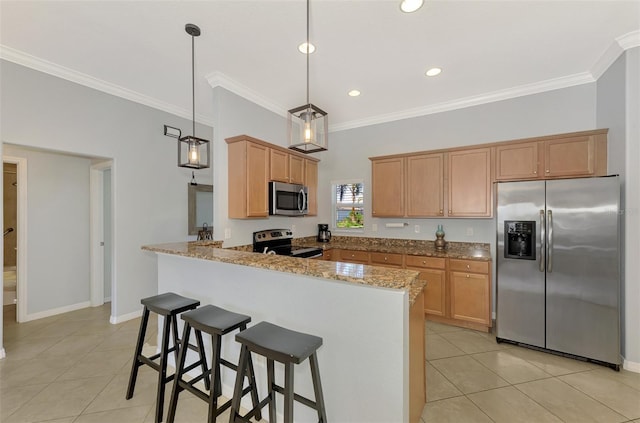 kitchen with kitchen peninsula, light stone counters, stainless steel appliances, light tile patterned floors, and hanging light fixtures