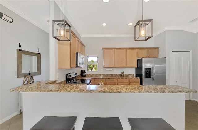 kitchen featuring stainless steel appliances, kitchen peninsula, crown molding, decorative light fixtures, and light tile patterned floors