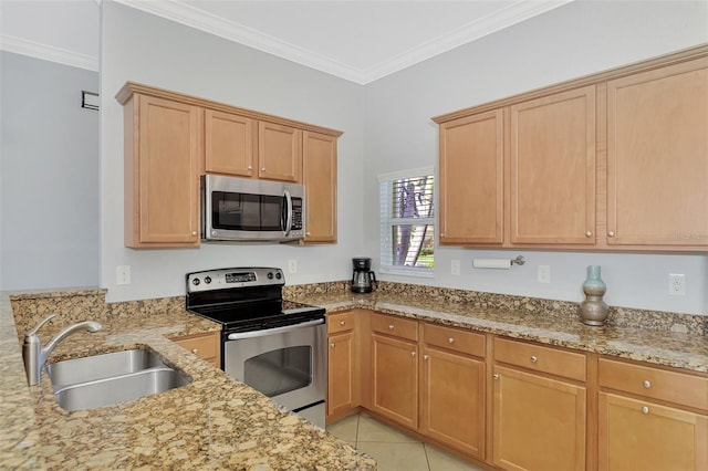 kitchen with sink, stainless steel appliances, light stone counters, crown molding, and light tile patterned floors