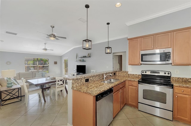 kitchen featuring kitchen peninsula, appliances with stainless steel finishes, light tile patterned floors, and hanging light fixtures