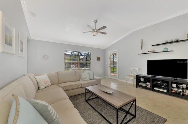 living room with light tile patterned floors, vaulted ceiling, ceiling fan, and crown molding