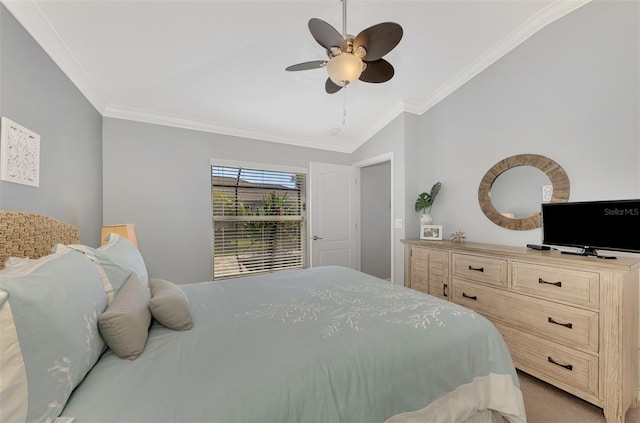 bedroom with ceiling fan, lofted ceiling, and ornamental molding