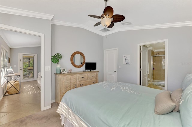 bedroom with ceiling fan, vaulted ceiling, and ornamental molding