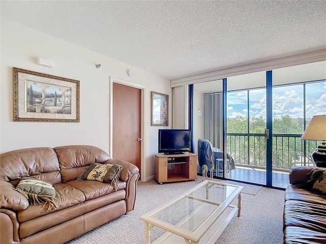 living room featuring a textured ceiling, carpet floors, and a wall of windows