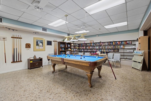 rec room featuring a paneled ceiling, ceiling fan, and billiards