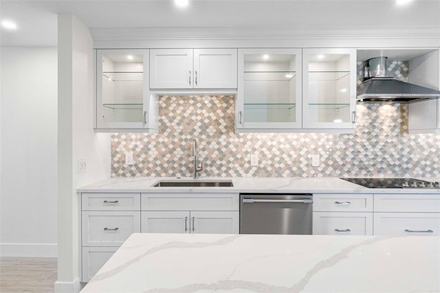 kitchen featuring wall chimney range hood, stainless steel dishwasher, sink, white cabinets, and black electric cooktop