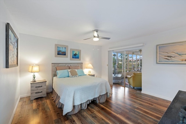 bedroom featuring ceiling fan, dark wood-type flooring, and access to outside