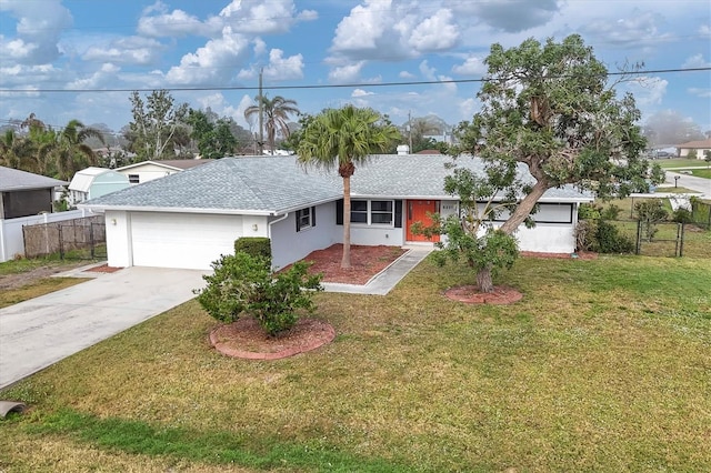 ranch-style home with a garage and a front lawn