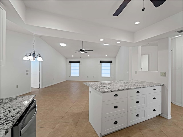 kitchen with light tile patterned floors, dishwashing machine, light stone counters, a ceiling fan, and white cabinets