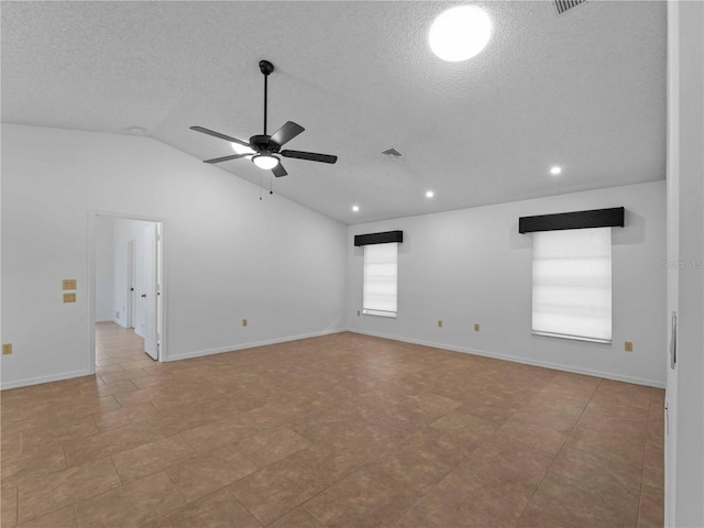 1678 Quail Lake Dr, Venice, FL 34293 - empty room featuring a ceiling fan, a textured ceiling, vaulted ceiling, baseboards, and recessed lighting