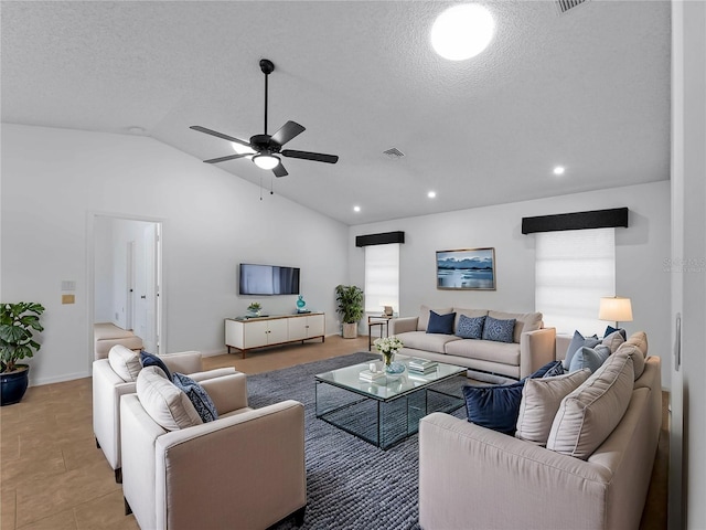 1678 Quail Lake Dr, Venice, FL 34293 - living room featuring vaulted ceiling, a ceiling fan, a textured ceiling, and recessed lighting